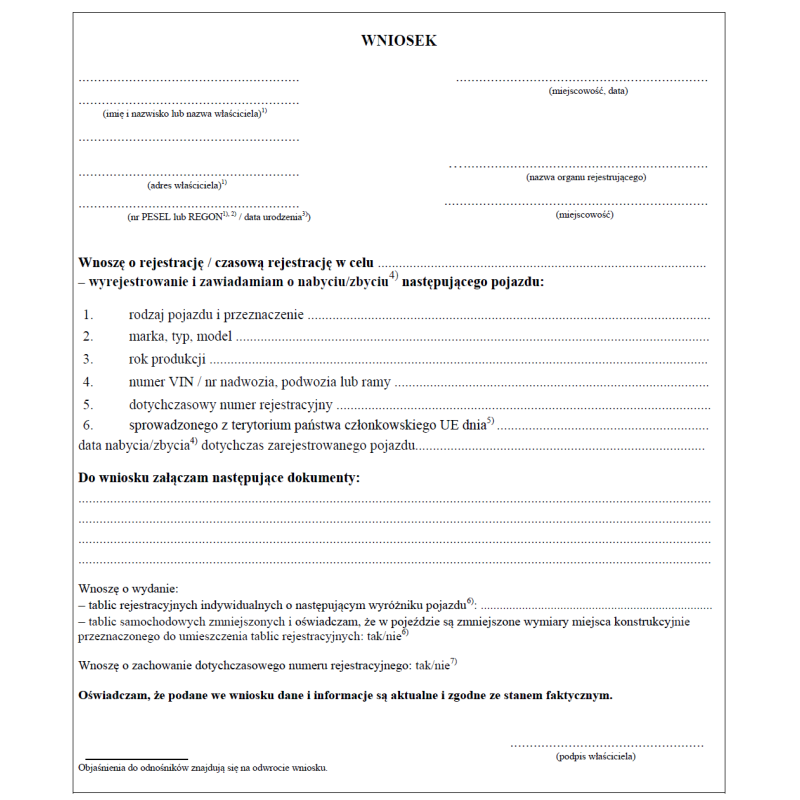 wzór wniosku o rejestrację pojazdu